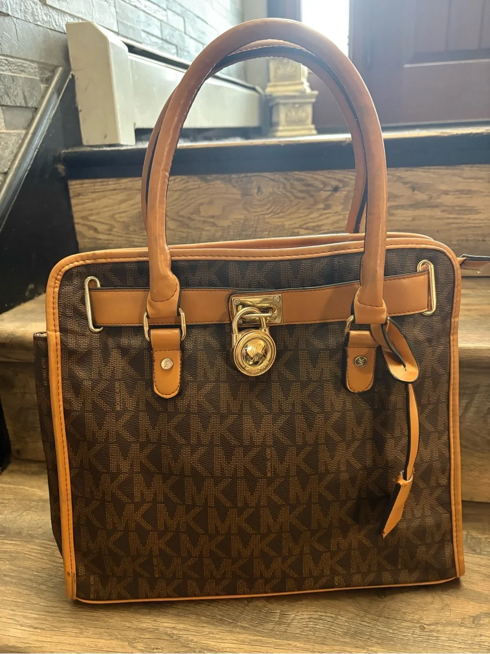 Michael Kors Brown and Tan Logo Tote with Gold Hardware